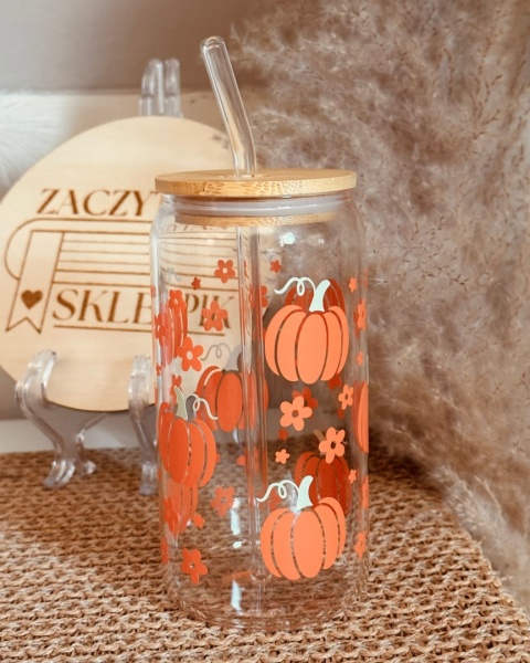 Kubek z bambusową pokrywką - pomarańczowe dynie z kwiatkami